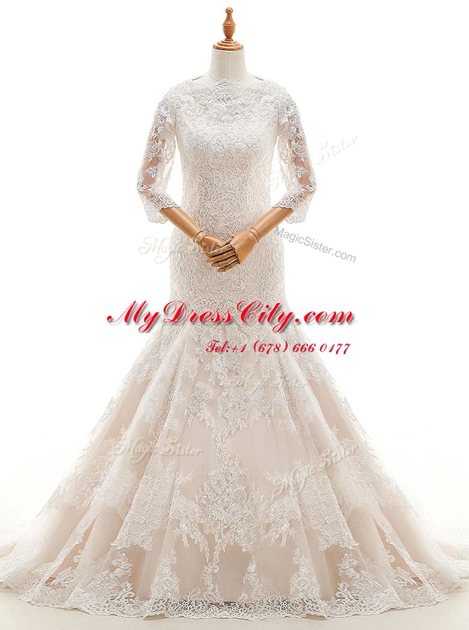 Graceful Mermaid White Lace Clasp Handle Wedding Gowns 3 4 Length Sleeve With Train Court Train Lace and Ruffled Layers