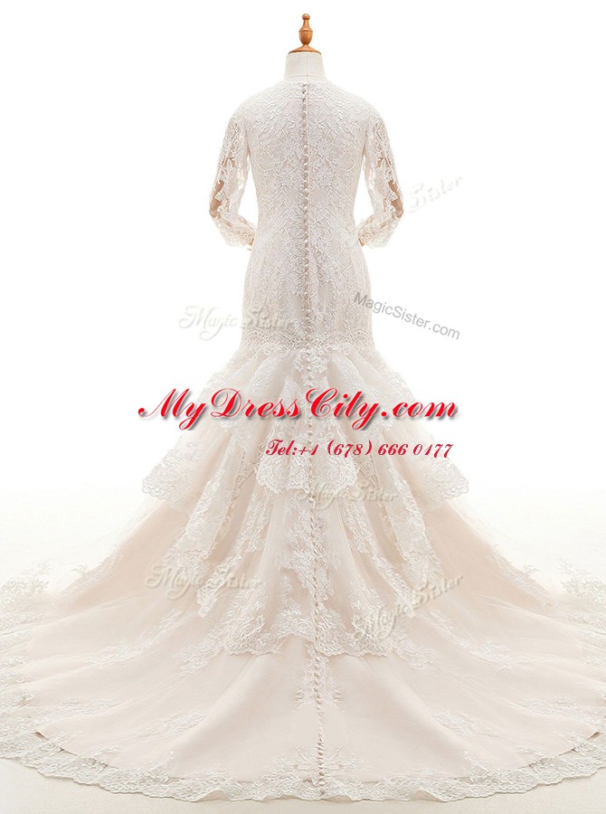 Graceful Mermaid White Lace Clasp Handle Wedding Gowns 3 4 Length Sleeve With Train Court Train Lace and Ruffled Layers