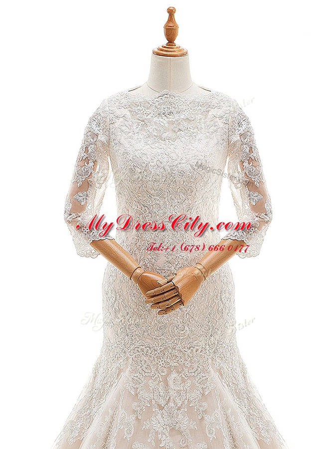 Graceful Mermaid White Lace Clasp Handle Wedding Gowns 3 4 Length Sleeve With Train Court Train Lace and Ruffled Layers