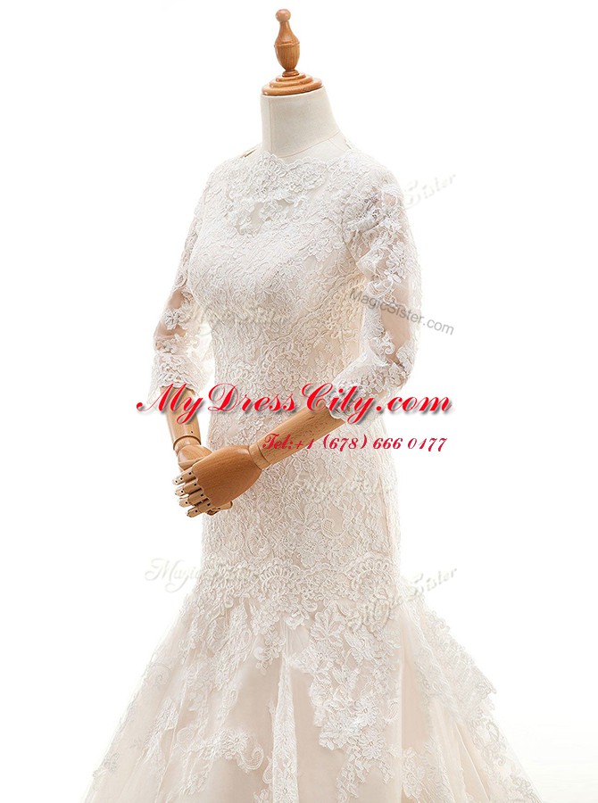 Graceful Mermaid White Lace Clasp Handle Wedding Gowns 3 4 Length Sleeve With Train Court Train Lace and Ruffled Layers