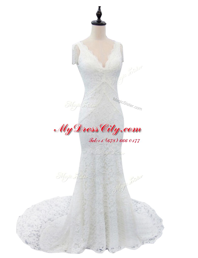 White Mermaid Lace Wedding Dress Zipper Lace Cap Sleeves With Train