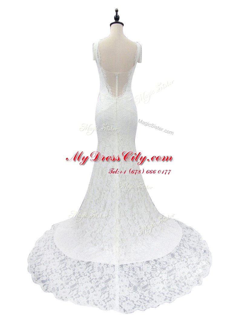 White Mermaid Lace Wedding Dress Zipper Lace Cap Sleeves With Train