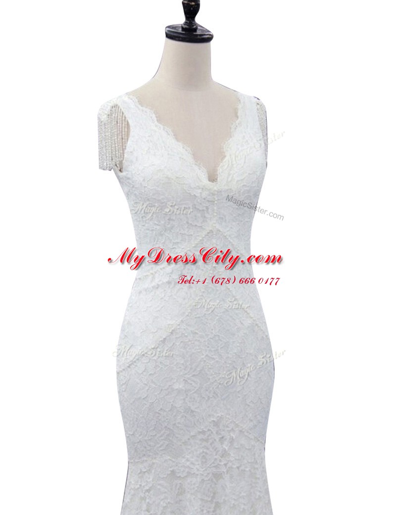 White Mermaid Lace Wedding Dress Zipper Lace Cap Sleeves With Train