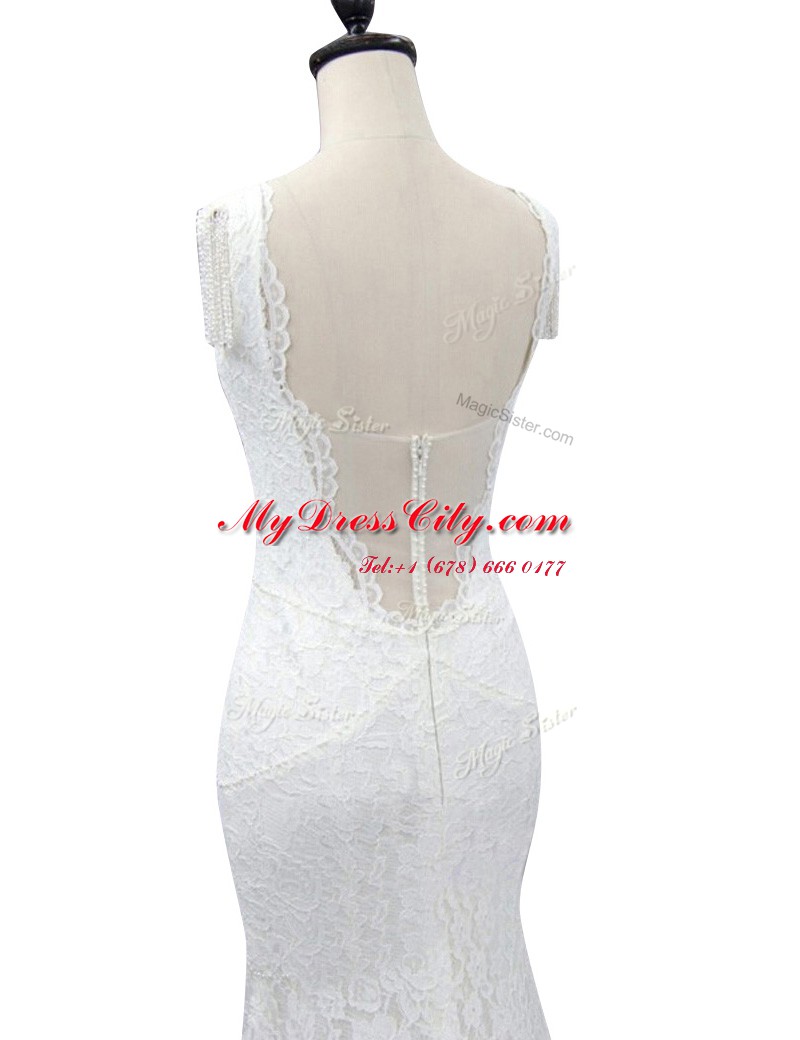 White Mermaid Lace Wedding Dress Zipper Lace Cap Sleeves With Train