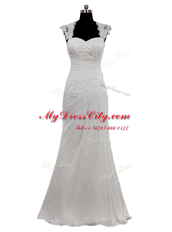 White Side Zipper Sweetheart Lace Wedding Dress Chiffon Cap Sleeves