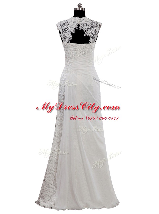 White Side Zipper Sweetheart Lace Wedding Dress Chiffon Cap Sleeves