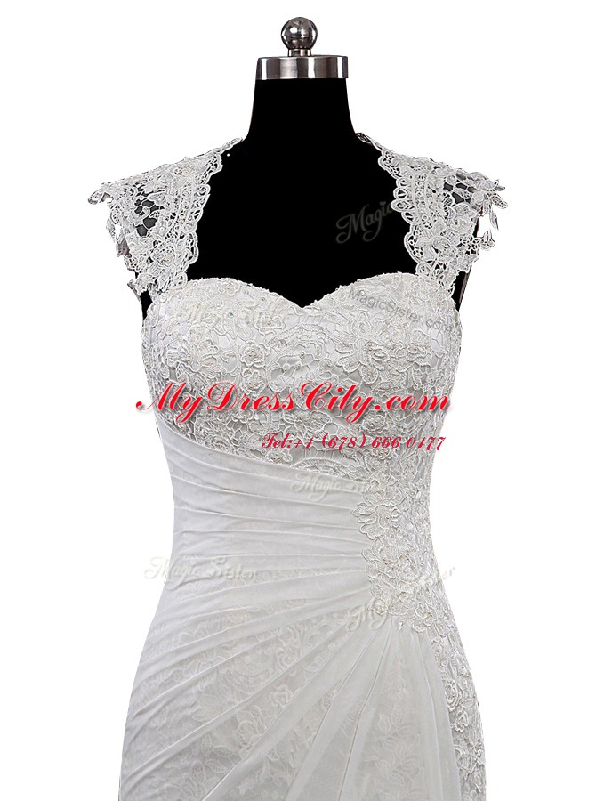 White Side Zipper Sweetheart Lace Wedding Dress Chiffon Cap Sleeves