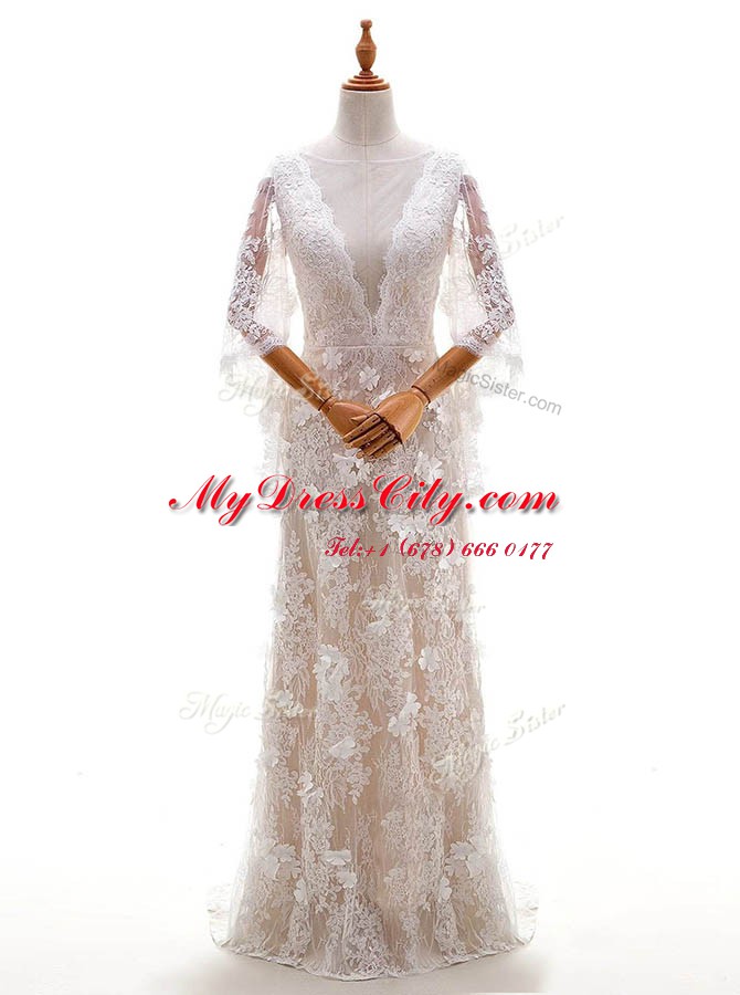 Comfortable Peach Column/Sheath Lace Bateau Half Sleeves Appliques With Train Side Zipper Bridal Gown Brush Train