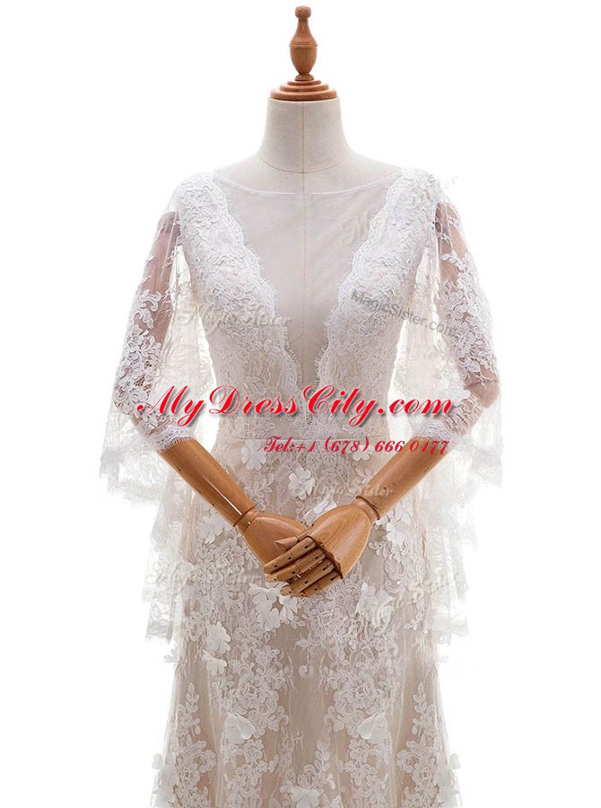 Comfortable Peach Column/Sheath Lace Bateau Half Sleeves Appliques With Train Side Zipper Bridal Gown Brush Train