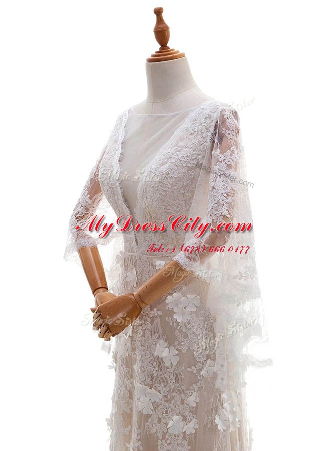 Comfortable Peach Column/Sheath Lace Bateau Half Sleeves Appliques With Train Side Zipper Bridal Gown Brush Train