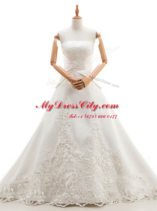 White Lace Up Strapless Lace Wedding Dresses Satin and Lace Sleeveless Chapel Train