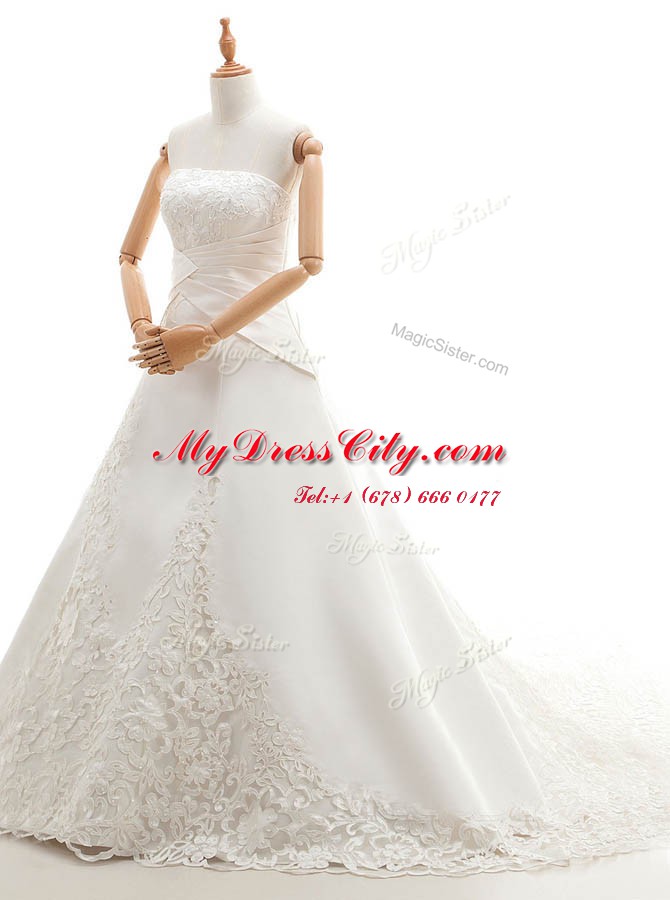 White Lace Up Strapless Lace Wedding Dresses Satin and Lace Sleeveless Chapel Train