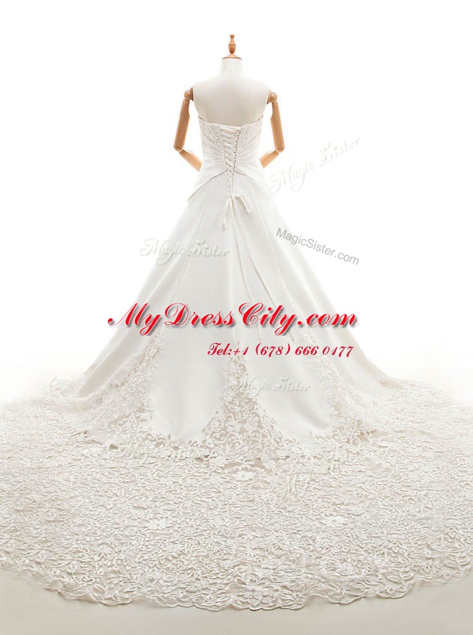 White Lace Up Strapless Lace Wedding Dresses Satin and Lace Sleeveless Chapel Train