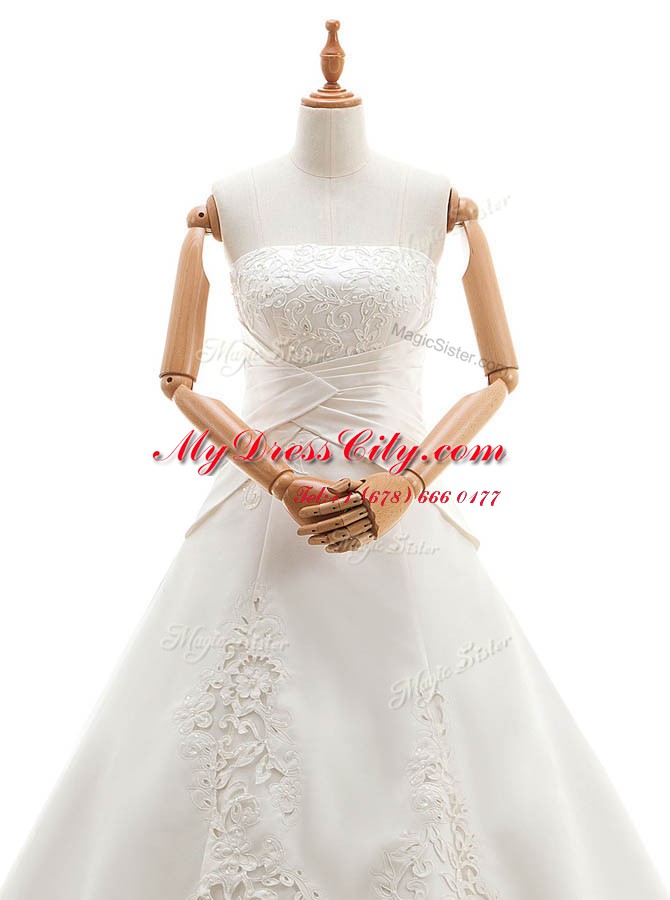 White Lace Up Strapless Lace Wedding Dresses Satin and Lace Sleeveless Chapel Train