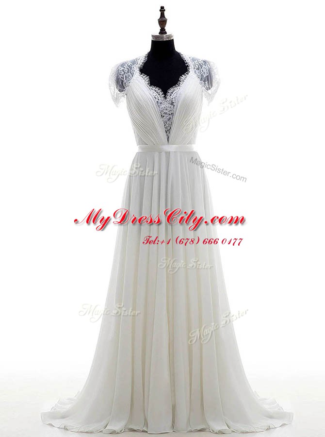 Classical With Train Column/Sheath Short Sleeves White Bridal Gown Brush Train Clasp Handle