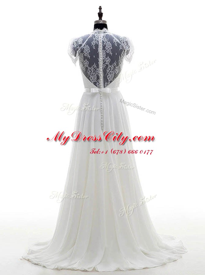 Classical With Train Column/Sheath Short Sleeves White Bridal Gown Brush Train Clasp Handle