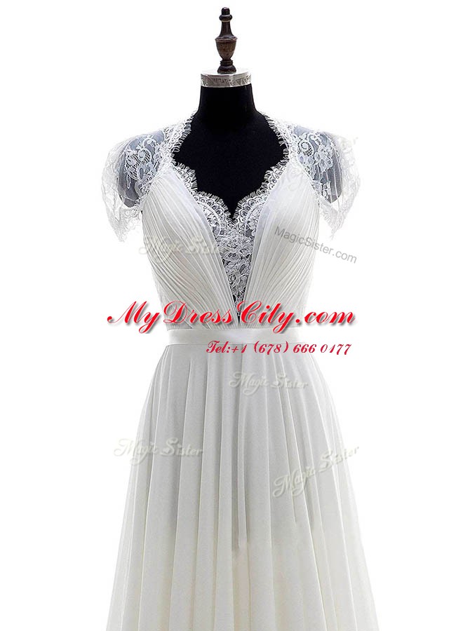 Classical With Train Column/Sheath Short Sleeves White Bridal Gown Brush Train Clasp Handle