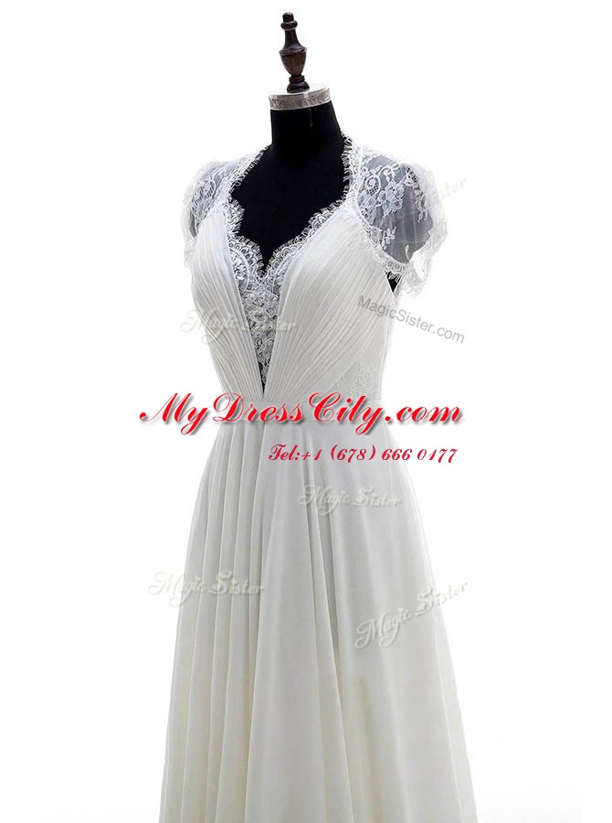 Classical With Train Column/Sheath Short Sleeves White Bridal Gown Brush Train Clasp Handle