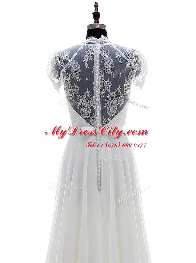 Classical With Train Column/Sheath Short Sleeves White Bridal Gown Brush Train Clasp Handle