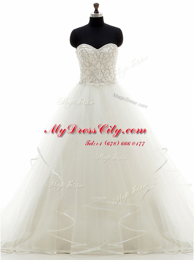 Sleeveless Brush Train Lace Up With Train Beading and Ruffles Wedding Dresses