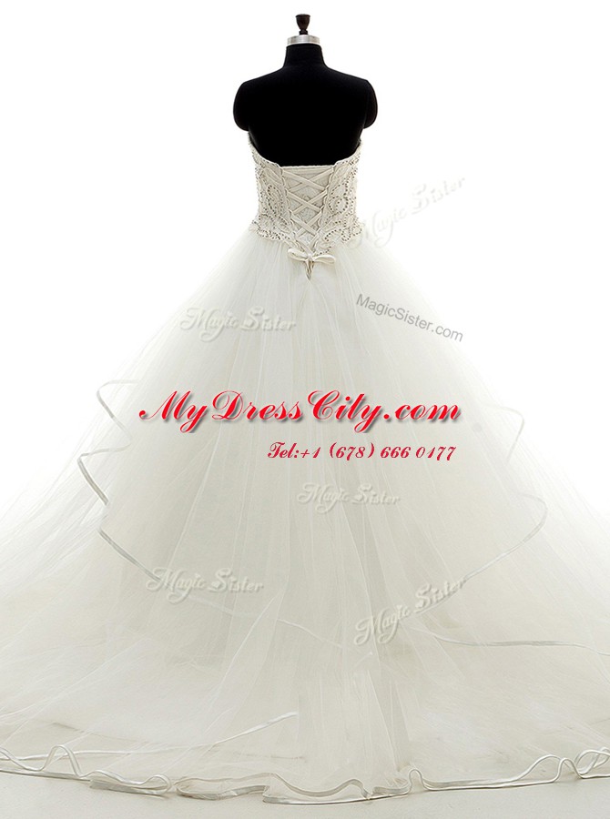 Sleeveless Brush Train Lace Up With Train Beading and Ruffles Wedding Dresses