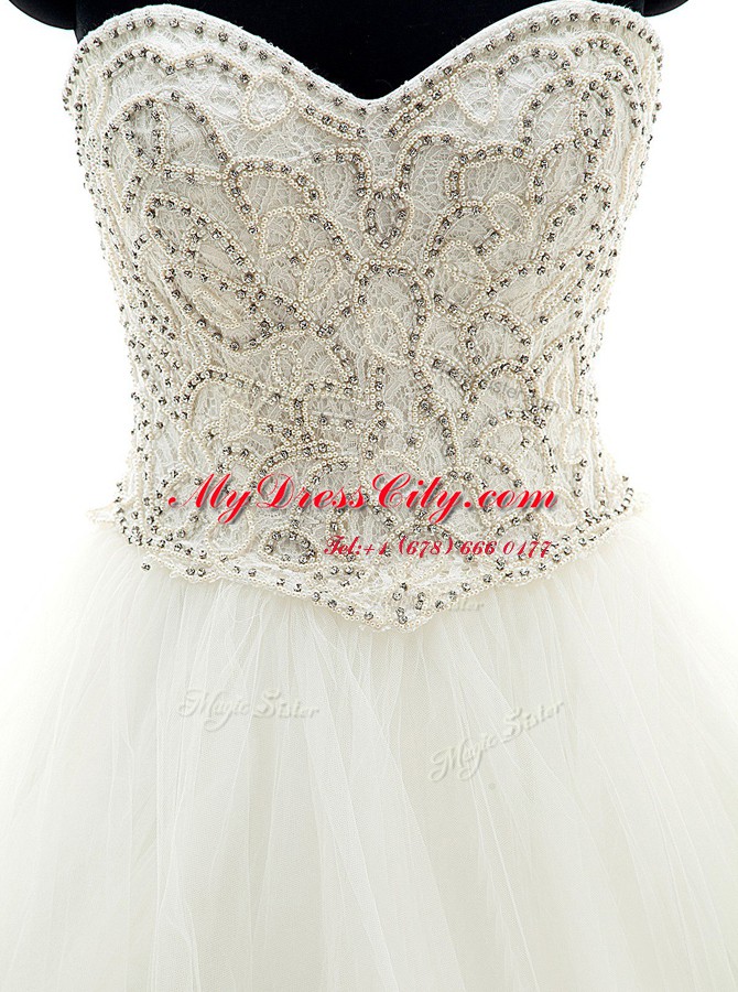 Sleeveless Brush Train Lace Up With Train Beading and Ruffles Wedding Dresses