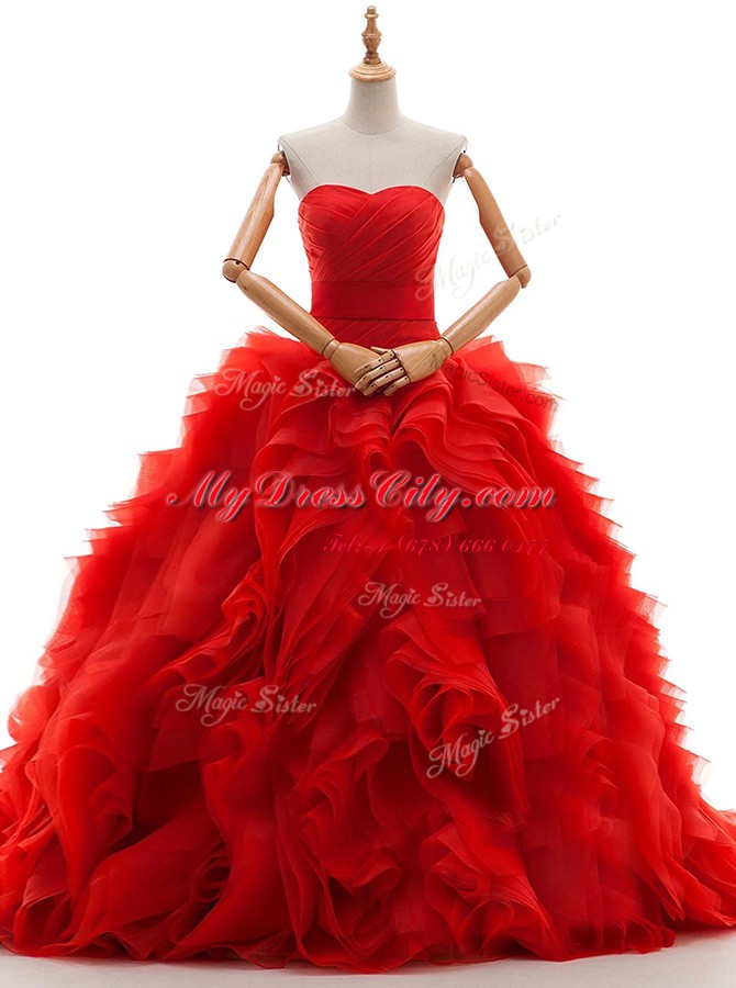 Red Wedding Gowns Tulle Brush Train Sleeveless Ruffles and Ruching