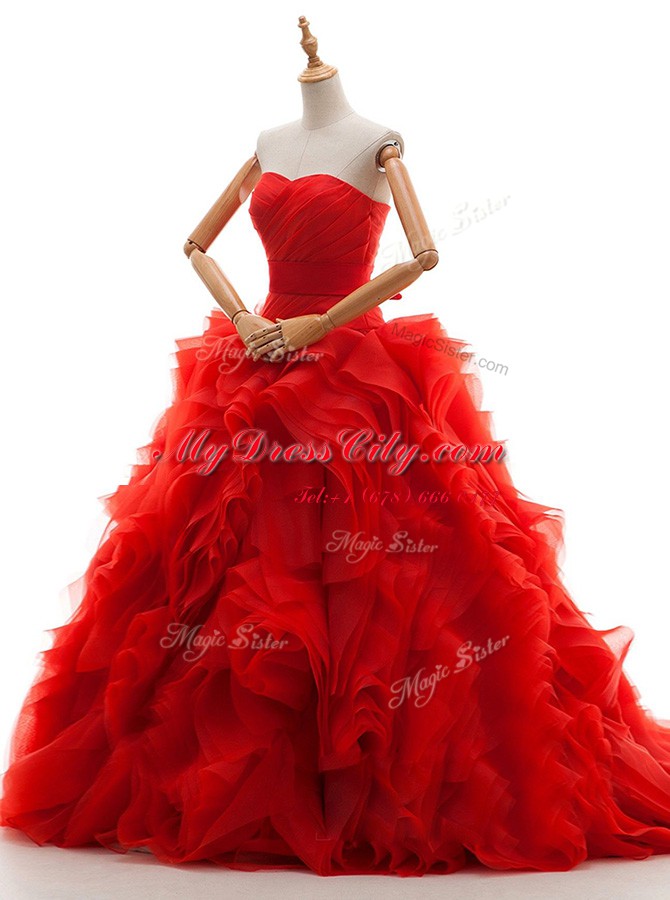 Red Wedding Gowns Tulle Brush Train Sleeveless Ruffles and Ruching