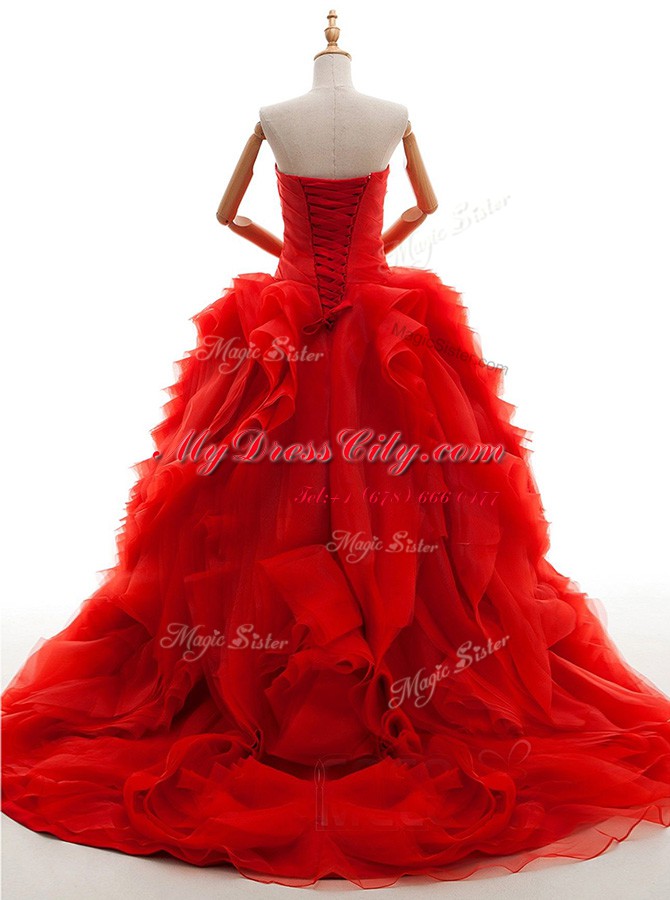 Red Wedding Gowns Tulle Brush Train Sleeveless Ruffles and Ruching