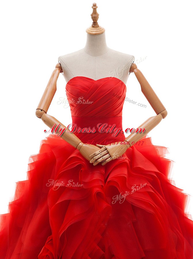 Red Wedding Gowns Tulle Brush Train Sleeveless Ruffles and Ruching