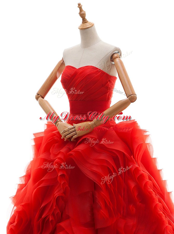 Red Wedding Gowns Tulle Brush Train Sleeveless Ruffles and Ruching