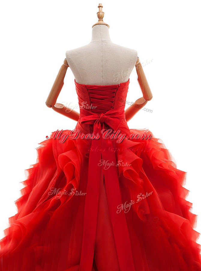 Red Wedding Gowns Tulle Brush Train Sleeveless Ruffles and Ruching