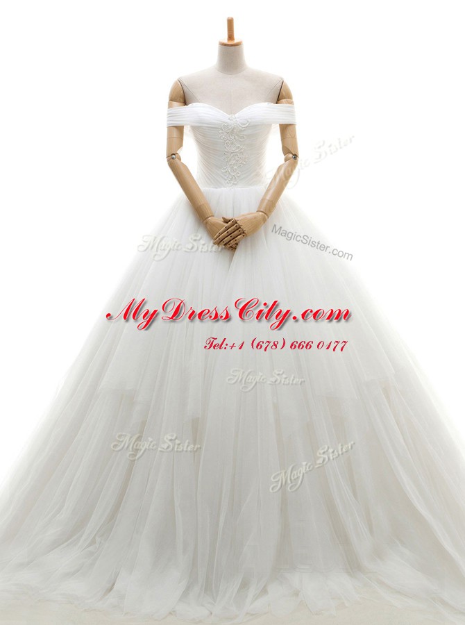 Pretty White Off The Shoulder Lace Up Ruching Wedding Gowns Chapel Train Sleeveless