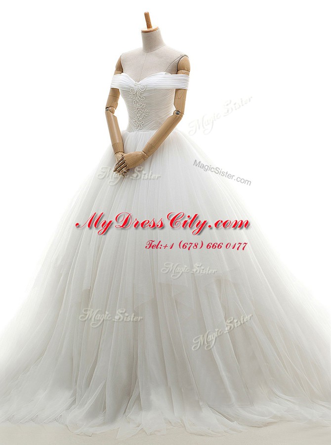 Pretty White Off The Shoulder Lace Up Ruching Wedding Gowns Chapel Train Sleeveless