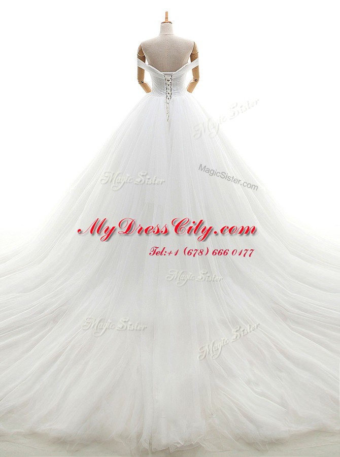 Pretty White Off The Shoulder Lace Up Ruching Wedding Gowns Chapel Train Sleeveless