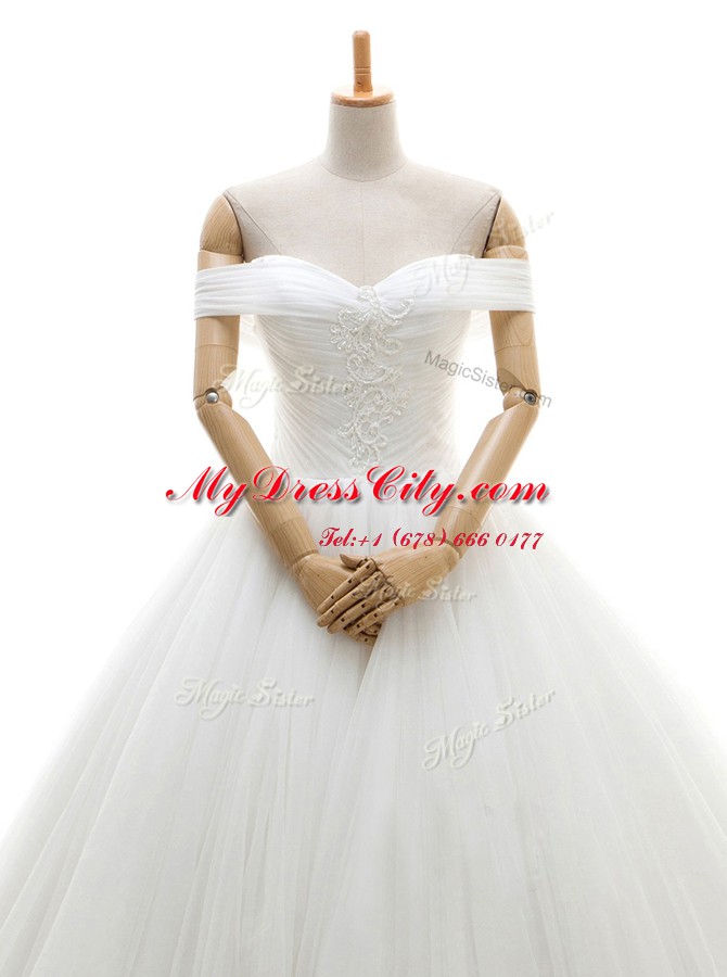 Pretty White Off The Shoulder Lace Up Ruching Wedding Gowns Chapel Train Sleeveless