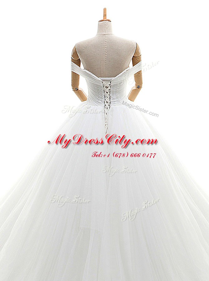 Pretty White Off The Shoulder Lace Up Ruching Wedding Gowns Chapel Train Sleeveless