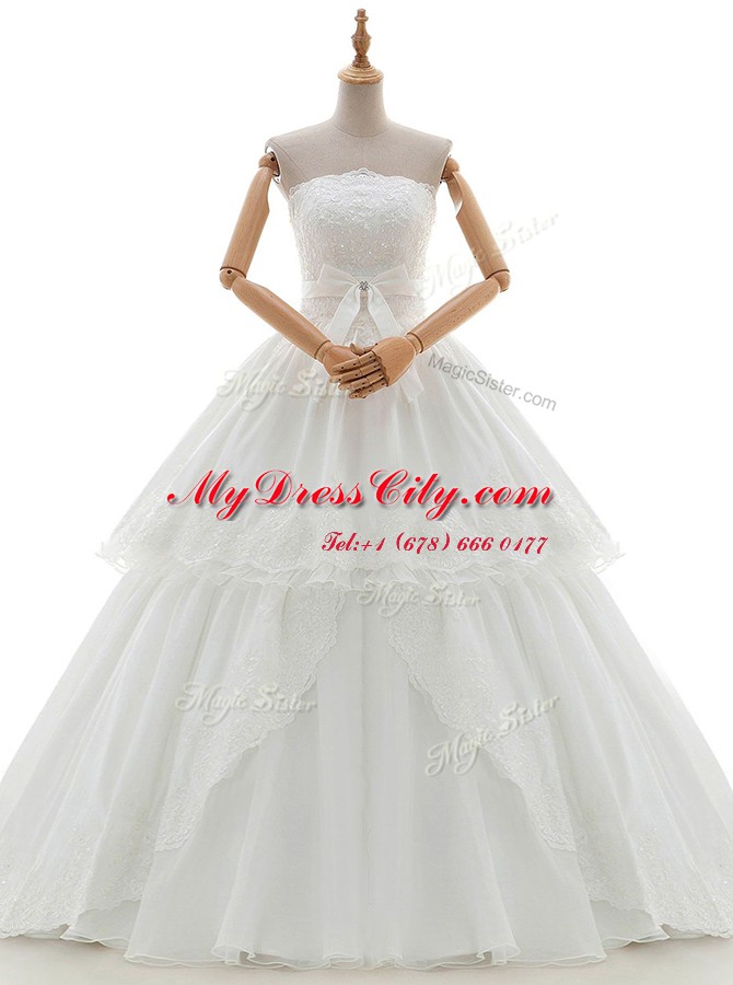 Strapless Sleeveless Wedding Gown Floor Length Lace and Appliques and Ruffled Layers and Bowknot White Organza and Tulle