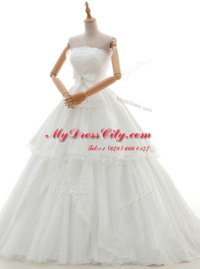 Strapless Sleeveless Wedding Gown Floor Length Lace and Appliques and Ruffled Layers and Bowknot White Organza and Tulle