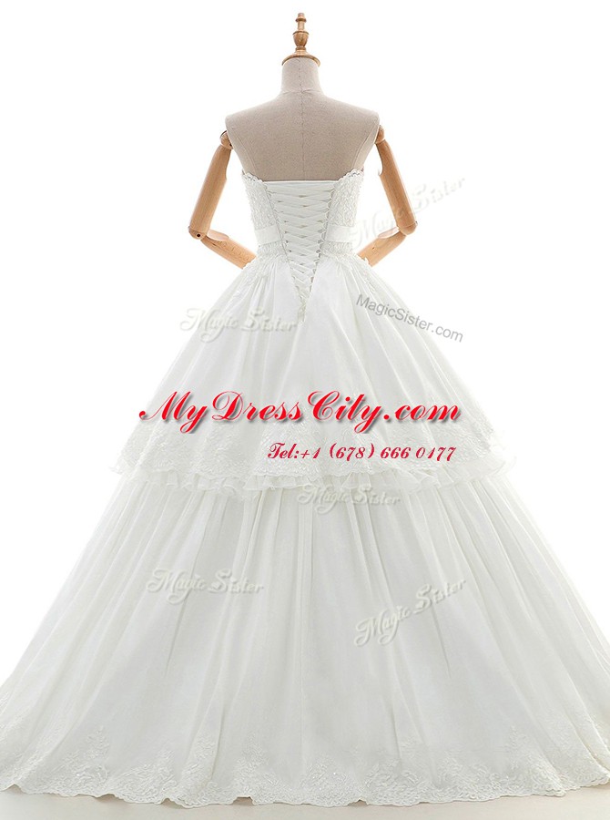 Strapless Sleeveless Wedding Gown Floor Length Lace and Appliques and Ruffled Layers and Bowknot White Organza and Tulle