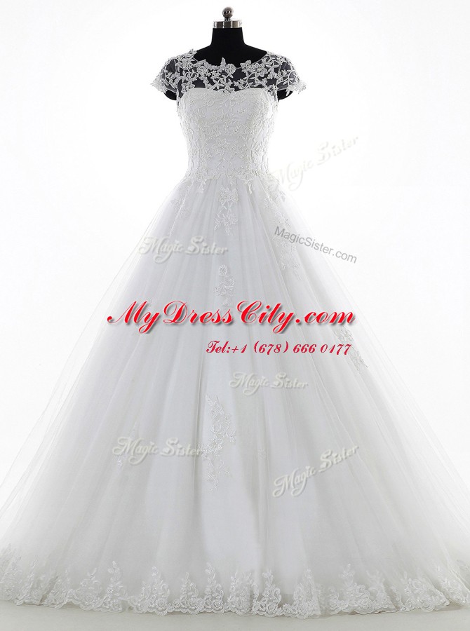 Flirting White Clasp Handle Scoop Lace and Appliques Wedding Dress Tulle and Lace Short Sleeves Brush Train