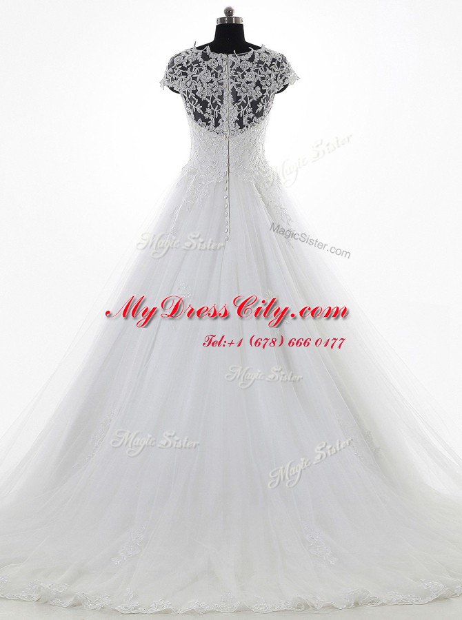 Flirting White Clasp Handle Scoop Lace and Appliques Wedding Dress Tulle and Lace Short Sleeves Brush Train