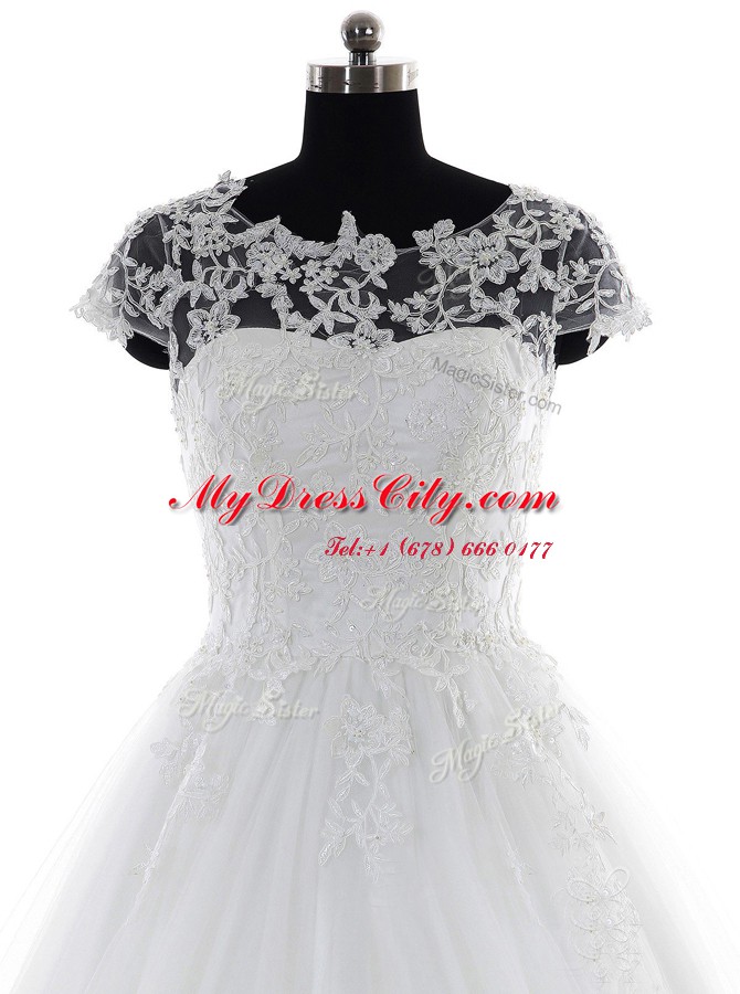 Flirting White Clasp Handle Scoop Lace and Appliques Wedding Dress Tulle and Lace Short Sleeves Brush Train