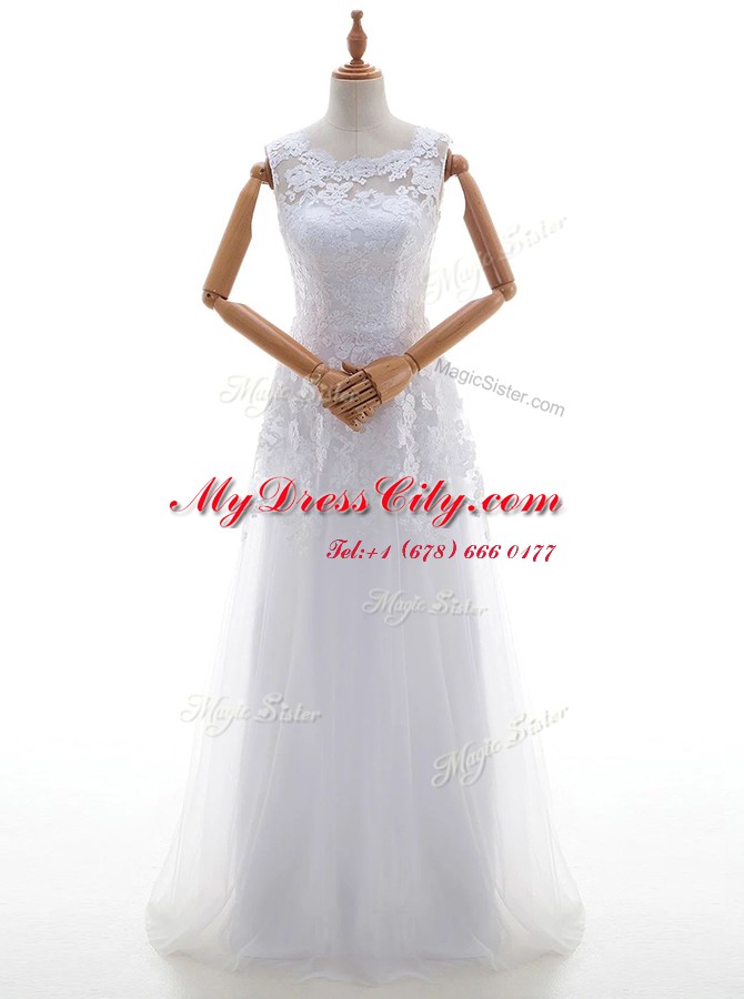 Modest Scoop With Train Column/Sheath Sleeveless White Wedding Dress Brush Train Lace Up