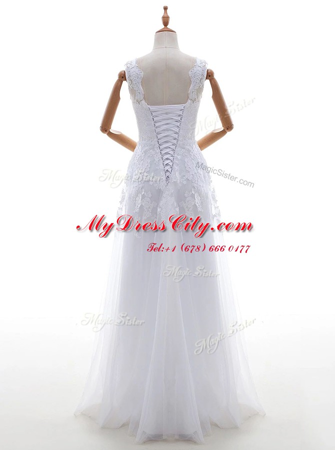 Modest Scoop With Train Column/Sheath Sleeveless White Wedding Dress Brush Train Lace Up