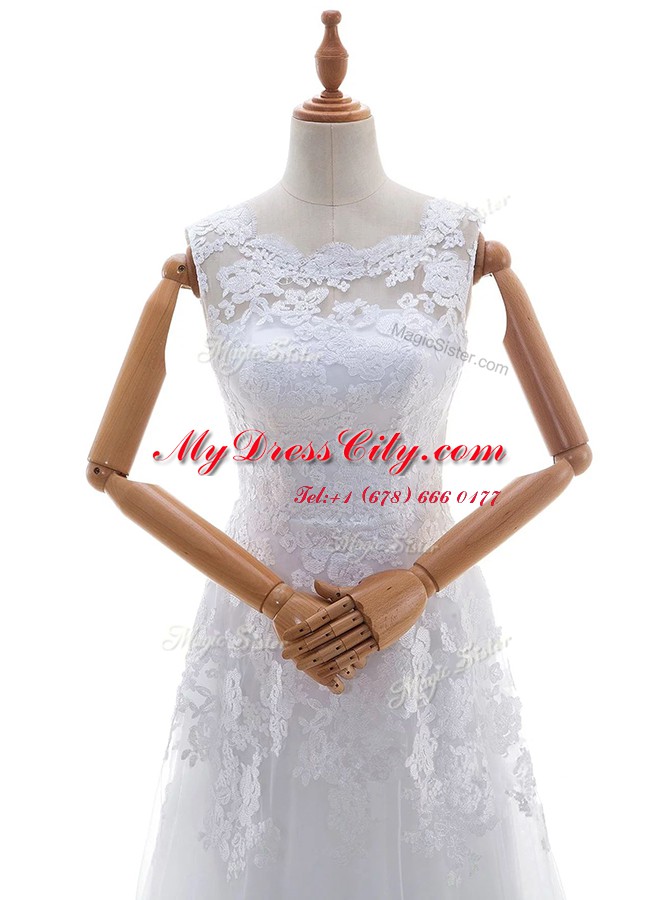 Modest Scoop With Train Column/Sheath Sleeveless White Wedding Dress Brush Train Lace Up