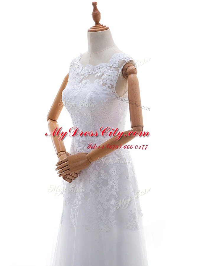 Modest Scoop With Train Column/Sheath Sleeveless White Wedding Dress Brush Train Lace Up