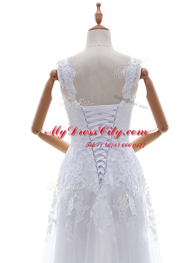 Modest Scoop With Train Column/Sheath Sleeveless White Wedding Dress Brush Train Lace Up