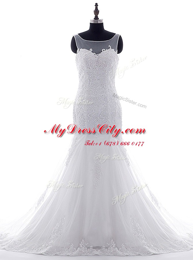 Lovely Mermaid Scoop Tulle Sleeveless With Train Bridal Gown Brush Train and Lace and Appliques