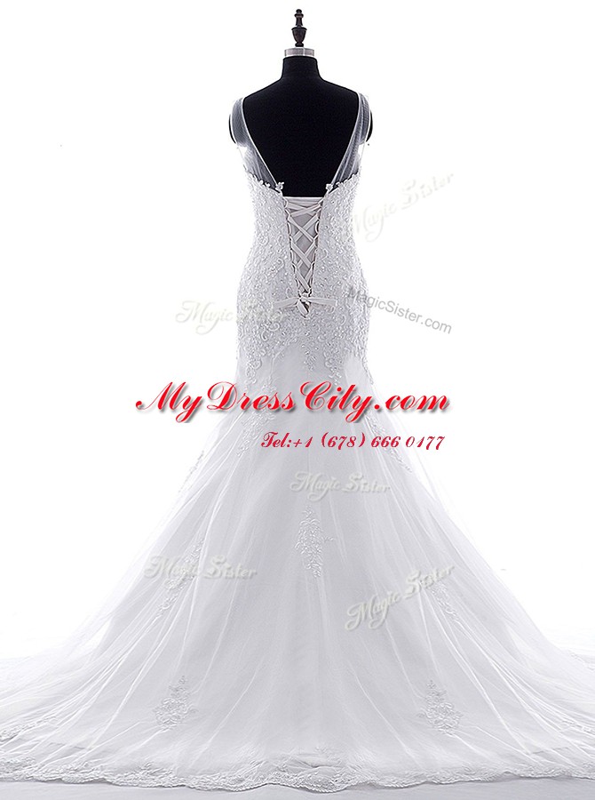 Lovely Mermaid Scoop Tulle Sleeveless With Train Bridal Gown Brush Train and Lace and Appliques